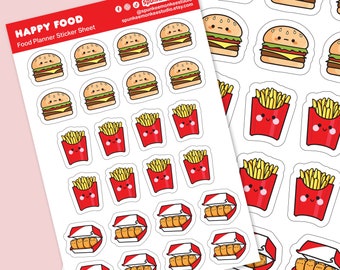 May include: A sheet of stickers featuring cute cartoon food illustrations. The stickers include burgers, fries, and chicken nuggets. The stickers are perfect for adding a fun touch to planners, journals, and other items.