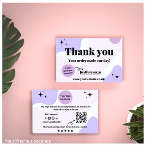 Tarjeta de agradecimiento para pequeñas empresas en color lila editable, tarjeta de agradecimiento imprimible en color lavanda por su compra, tarjeta de agradecimiento para empresas con estrellas moradas, Canva