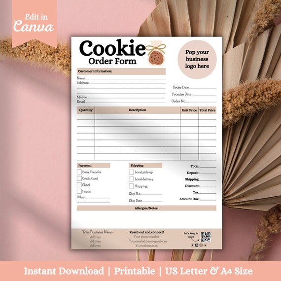 Cookie Order Form Template, Bakery Order Form Receipt, Small Business Forms, Custom Order Form, Craft Order Form, Invoice Template, Boho Biz
