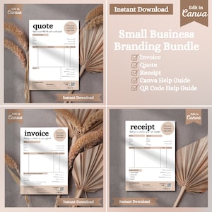 May include: A digital download bundle for small businesses, featuring invoice, quote, and receipt templates, along with Canva and QR code guides. The design is minimalist with a neutral color palette and includes the text "Instant Download".