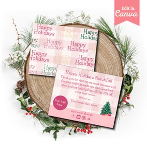 Editable Happy Holidays Business Card Thank You Card Thank You Pink Christmas Template Thanks Small Business Thanks For Your Purchase Canva