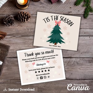 Inserto de embalaje navideño imprimible, tarjeta de agradecimiento para pequeñas empresas, tarjeta editable con árbol de Navidad rosa y coqueta, agradecimiento al cliente en temporada acogedora.