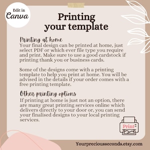 May include: A beige graphic with the text "Printing your template" and instructions for printing at home or using online services. Includes a small printer icon and the Etsy shop URL.