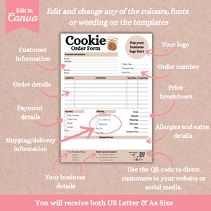 May include: A printable cookie order form template with a beige background. The form includes sections for customer information, order details, payment, and shipping. The form also has a space for a business logo and a QR code.