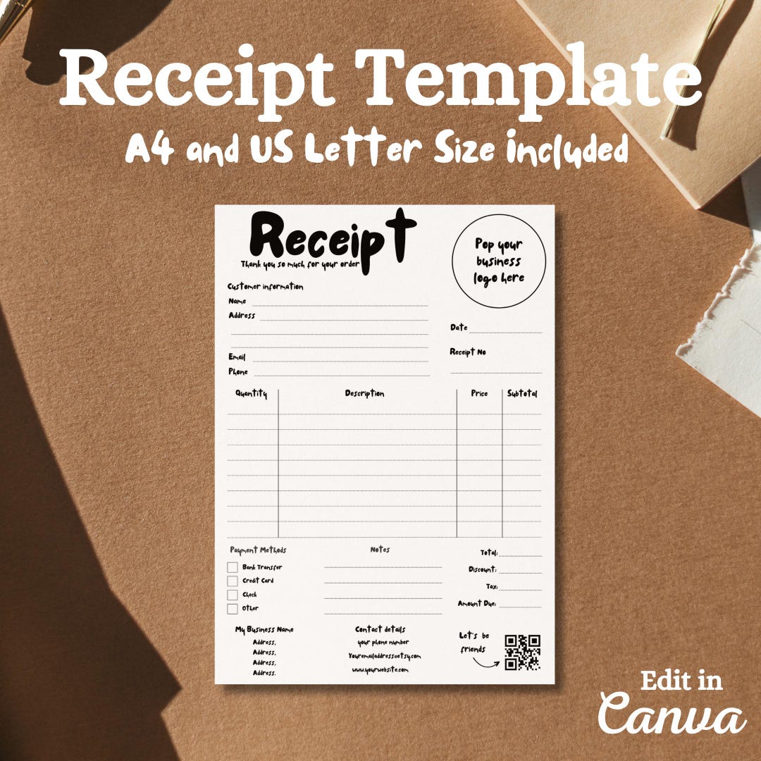 Editable Receipt Template, Printable Receipt Template, Order Form ...