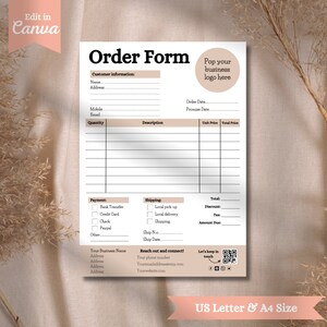 Plantilla de formulario de pedido personalizado, plantilla de recibo imprimible, plantilla de formulario de pedido, pequeña empresa, plantilla de formulario de orden de compra, recibo comercial