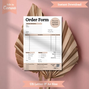 May include: A printable order form with a neutral color scheme, featuring sections for customer information, order details, and payment options. The form includes the text "Order Form" and "Instant Download". It is available in US Letter and A4 sizes.