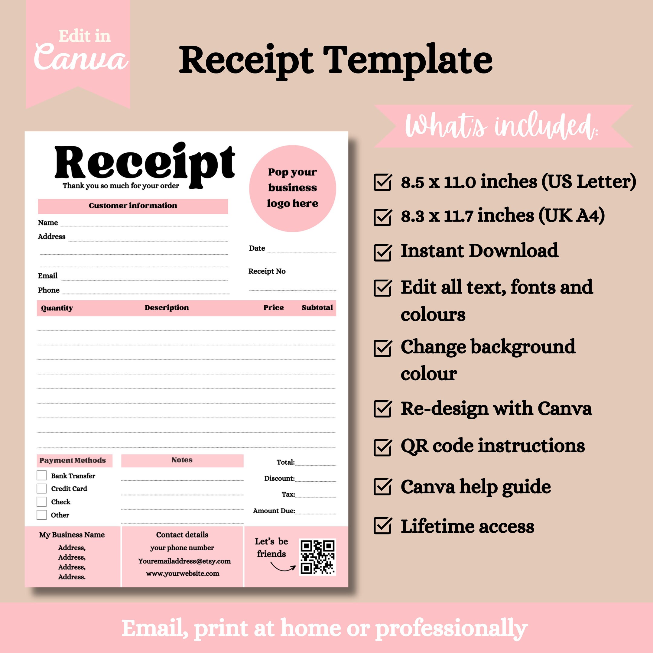 Small Business Receipt, Sales Receipt, Editable Receipt Template ...