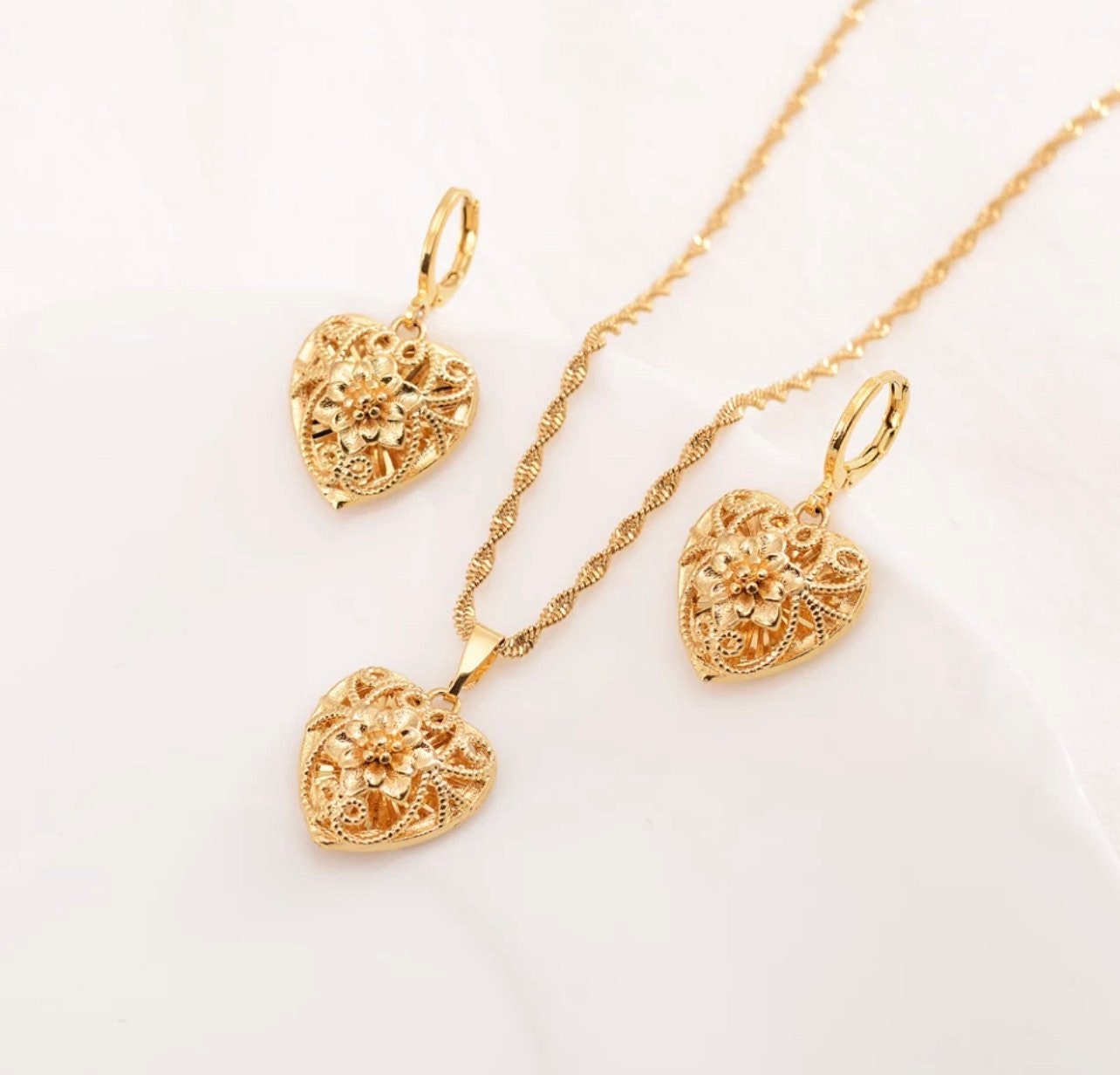 24K Gold Plated Jewelry Set Necklace and Earrings Love Heart Etsy