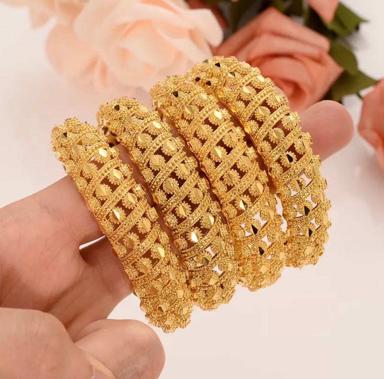 24K Dubai Gold Plated Set of 4 Bangle Bracelets Cuff Style Etsy