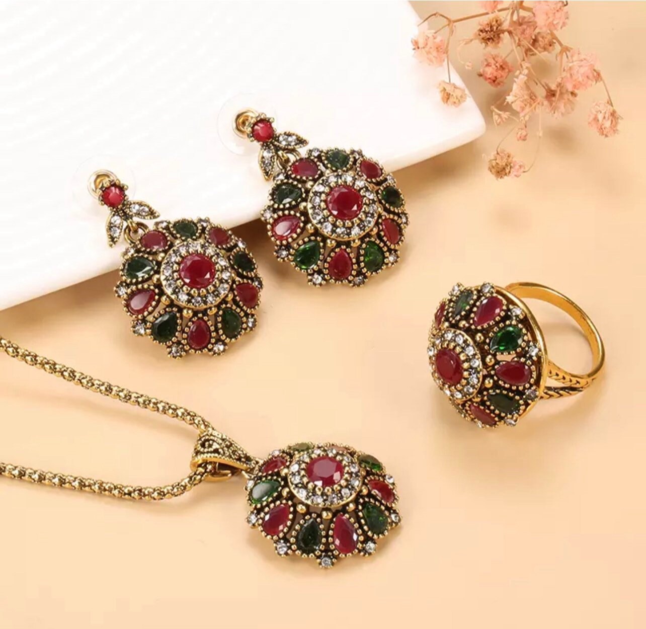 24K Antique Gold Plated Vintage Style Jewelry Set Red and Etsy