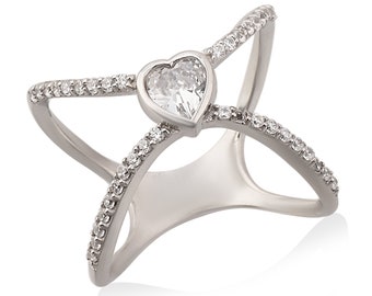 Paths Of Love Criss Cross Ring in 925 silver Rhodium Plated Ring studded with Heart and Round Zircons