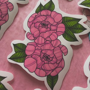 Peonies Sticker, Pink Peonies Flower Neo Traditional Tattoo Style Matte Die Cut Sticker, Flower Sticker, Journal Sticker, Planner Sticker
