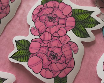 Peonies Sticker, Pink Peonies Flower Neo Traditional Tattoo Style Matte Die Cut Sticker, Flower Sticker, Journal Sticker, Planner Sticker