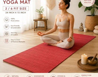 Cotton Yoga Mat, 24 x 72 Inch Handloom Woven Non-Slip, Machine Washable