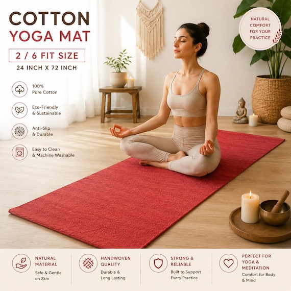 Cotton Yoga Mat, 24 x 72 Inch Handloom Woven Non-Slip, Machine Washable