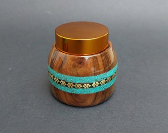 Round Inkwell Inkpot Walnut Wood and Turquoise