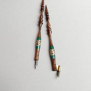 Walnut Pen Holder with Malachite and Khatam Marquetry Calligraphy Dip Pen Nib Holder
