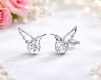 Angel Wing Stud Earrings | Crystal Silver Studs | Minimalist Sparkle Earrings | Everyday Luxury Jewellery | Gift for Her