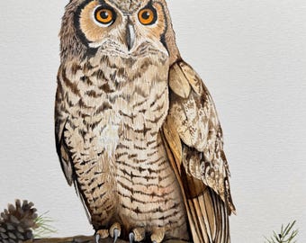 Great Horned Owl Art Print, Archival Giclee Bird Painting