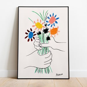 Picasso - Ramo de flores de la paz, cartel de arte de línea vintage de exposición, dibujo de línea minimalista, decoración ideal para el hogar o impresión de regalo