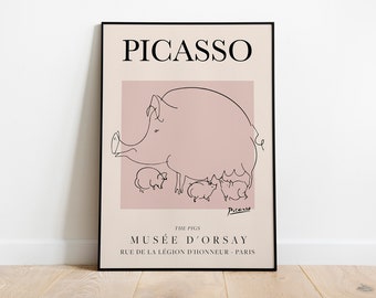 Picasso - The Pigs, Exhibition Vintage Line Art Poster, Minimalist Line Drawing, Ideal Home Decor or Gift Print