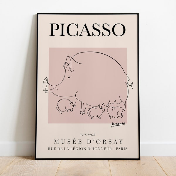 Picasso - The Pigs, Exhibition Vintage Line Art Poster, Minimalist Line Drawing, Ideal Home Decor or Gift Print
