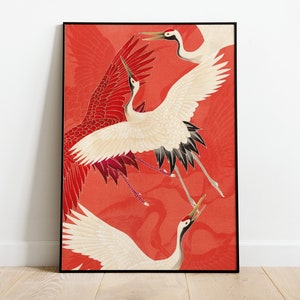 Vintage Japanese poster with Crane Bird illustration art print, Home Decor image 1