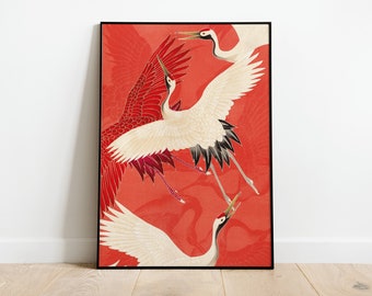 Vintage Japanese poster with Crane Bird illustration art print, Home Decor