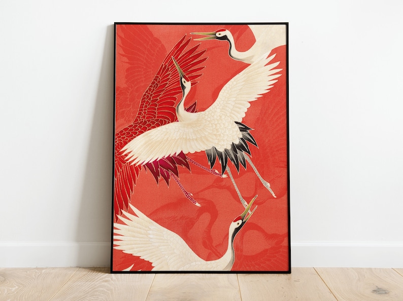 Vintage Japanese poster with Crane Bird illustration art print, Home Decor image 1