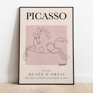 Picasso - Cavalo, exposição pôster de arte de linha vintage, desenho de linha minimalista, decoração de casa ideal ou impressão de presente