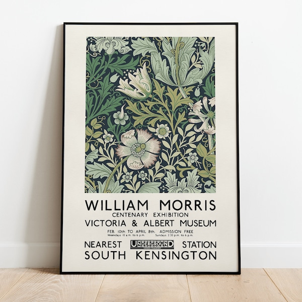 William Morris Ausstellungsplakat, Jugendstil, Victoria and Albert Museum, Morris Blumenmuster, Dekoration, Wandkunst