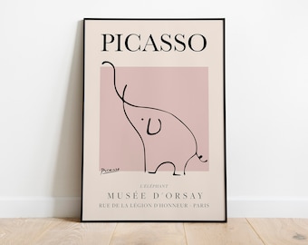 Picasso - Elephant, Exhibition Vintage Line Art Poster, L'éléphant Minimalist Line Drawing, Ideal Home Decor or Gift Print