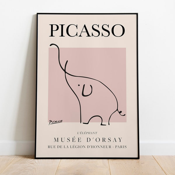 Picasso - Elefant, Ausstellung Vintage Line Art Poster, L'éléphant Minimalistische Linienzeichnung, Ideales Wohndekor oder Geschenkdruck