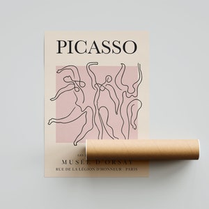 Puede incluir: Un p&oacute;ster minimalista con fondo rosa que presenta un dibujo de l&iacute;nea negra de figuras bailando. El p&oacute;ster tiene el texto "PICASSO" en la parte superior y "MUS&Eacute;E D'ORSAY" en la parte inferior.