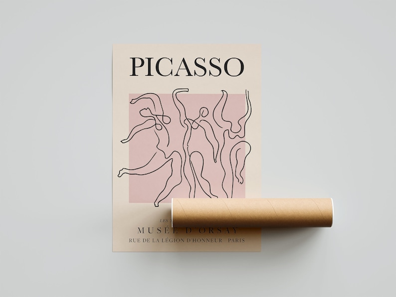 Puede incluir: Un p&oacute;ster minimalista con fondo rosa que presenta un dibujo de l&iacute;nea negra de figuras bailando. El p&oacute;ster tiene el texto "PICASSO" en la parte superior y "MUS&Eacute;E D'ORSAY" en la parte inferior.