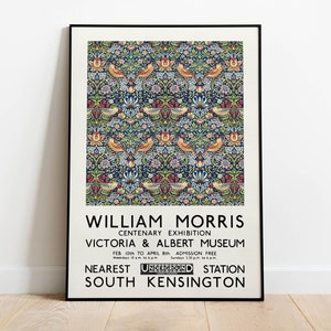 William Morris Strawberry Thieves Exhibition Poster, Art Nouveau, Victoria and Albert Museum, Morris Flower Pattern, Home Decor, Wall Art