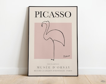 May include: A black and white line drawing of a flamingo on a pink background. The poster is titled "PICASSO" and includes the text "THE FLAMINGO MUSÉE D'ORSAY RUE DE LA LÉGION D'HONNEUR - PARIS".