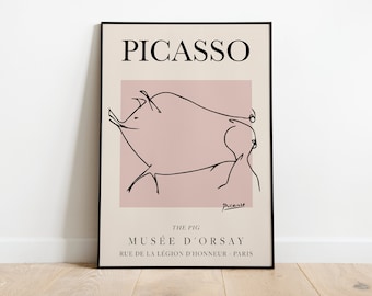 Picasso - The Pig, Exhibition Vintage Line Art Poster, Minimalist Line Drawing, Ideal Home Decor or Gift Print