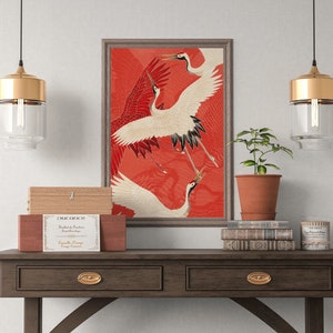 Vintage Japanese poster with Crane Bird illustration art print, Home Decor image 2