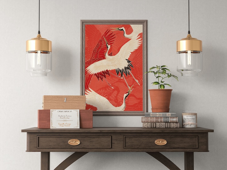 Vintage Japanese poster with Crane Bird illustration art print, Home Decor image 2