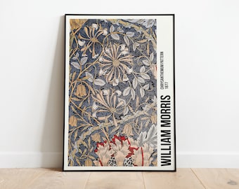 William Morris Exhibition Poster, William Morris Print, Art Nouveau, Honeysuckle Pattern, Fabric Textured Background, Victorian, Home Decor