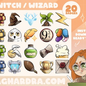 Op de afbeelding: Twintig digitale badges met illustraties van verschillende magische objecten en symbolen, waaronder een heksenhoed, een sneeuwuil, een gouden snitch, een Hogwarts-huis-sjaal, een toverdrankfles, een bezem en een Hogwarts-toelatingbrief. De tekst "WITCH/WIZARD 20 BADGES" staat bovenaan de afbeelding. De tekst "LAGHARDRA.COM" staat onderaan de afbeelding.