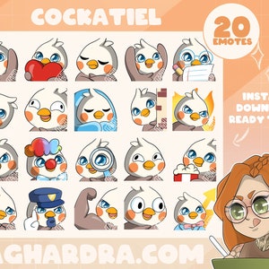 Puede incluir: Un conjunto de 20 emotes digitales de Cockatiel, que presentan diversas expresiones y acciones. Los emotes son de estilo de dibujos animados y están listos para usar. La imagen también incluye el texto "Cockatiel 20 Emotes Instant Download Ready to Use laghardra.com".