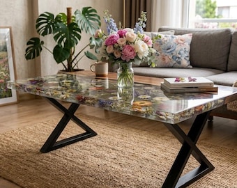 Handmade Botanical Epoxy Coffee Table | Live Edge Wood, Pressed Flowers (Customizable)