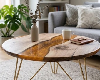 Mesa de centro redonda de resina epoxi / Mesa de río de resina ámbar / Mesa de centro de madera con borde natural / Patas de horquilla doradas / Muebles de salón hechos a mano