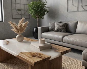 Mesa de centro de resina epoxi blanca / Mesa minimalista de madera con borde natural / Mesa auxiliar de resina blanca opaca / Muebles modernos de madera maciza