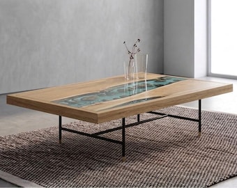Mesa de centro de resina epoxi con marco y piedras / Mesa de río de resina azul aguamarina / Mesa auxiliar de madera clara / Muebles modernos de mediados de siglo hechos a mano