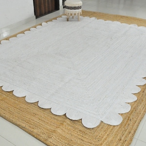8x10 ft White Jute Scalloped rug Hand-Knitted Chunky Hemp Scallop Rug, Ivory/Off White Rug for living room, dining room, bedroom, kitchen