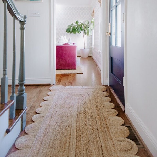 Jute Runner Scalloped Runner Rug Natual Fiber Rug Custom Size Rug Scalloped Rug Bohemian Jute Rug Extra long Runner Rug